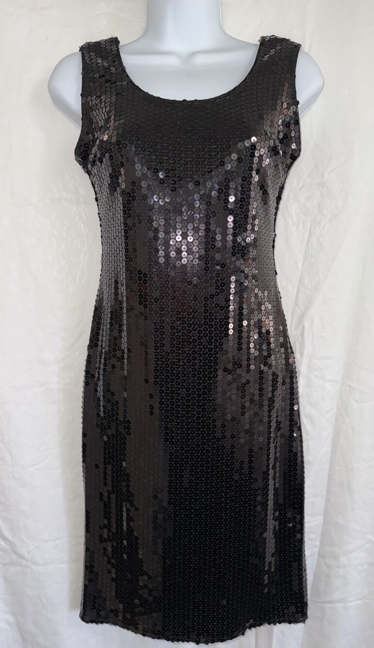 Y2K Contempo Casuals Black Sequin Deep V Back Whimsygoth Sexy Club Dress Sz 7/8
